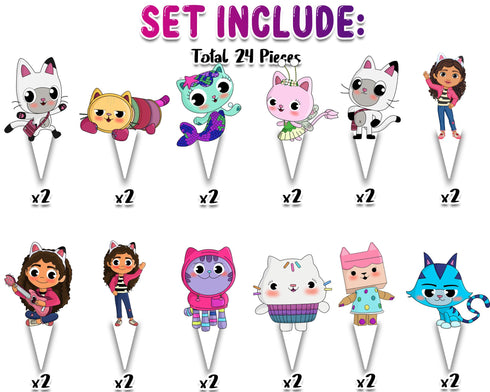 Cupcake Toppers Gabby – 24 pcs Cat Birthday Party Cake Decorations, Kids Cartoon Cupcake Picks