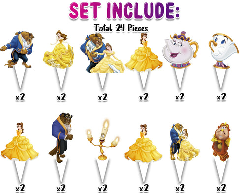 Cupcake Toppers Beauty and Beast - Set of 24 Magical Party Decorations