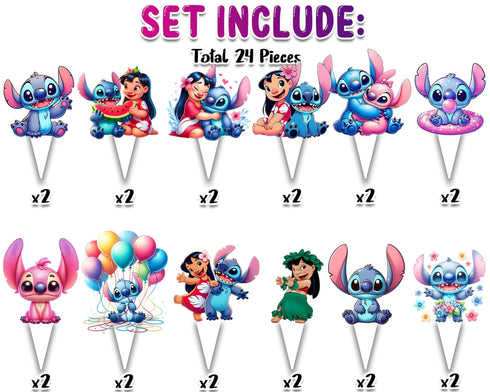 Cupcake Toppers Stitch – 24 Pcs Cute Cartoon Decorations for Kids Birthday Party