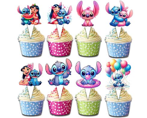 Cupcake Toppers Stitch – 24 Pcs Cute Cartoon Decorations for Kids Birthday Party