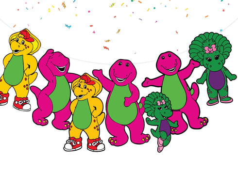 Birthday Garland Pink Dino Barney & Friends – 5 Ft Dinosaur Party Banner with 5 Cardstock Characters