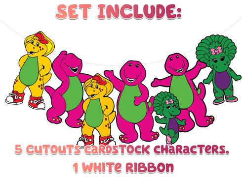 Birthday Garland Pink Dino Barney & Friends – 5 Ft Dinosaur Party Banner with 5 Cardstock Characters