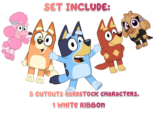 Birthday Banner Blue Dog – 5 FT Party Garland with 5 Cardstock Characters – Cartoon Dog Themed Party