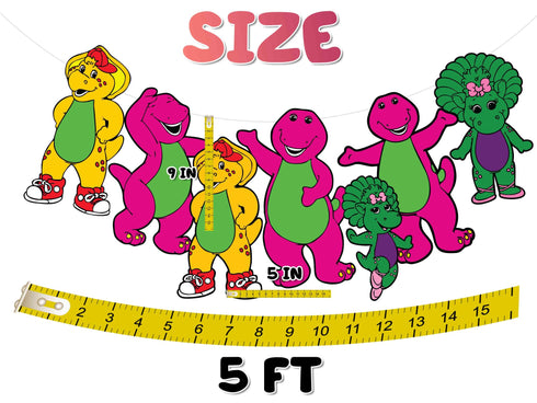 Birthday Garland Pink Dino Barney & Friends – 5 Ft Dinosaur Party Banner with 5 Cardstock Characters