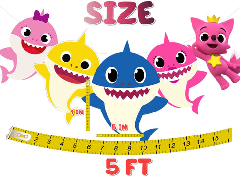 Birthday Banner Kids Shark – 5 FT Garland with 5 Cardstock Kids Shark Characters