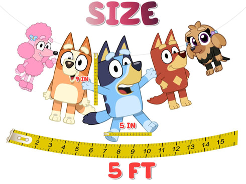 Birthday Banner Blue Dog – 5 FT Party Garland with 5 Cardstock Characters – Cartoon Dog Themed Party
