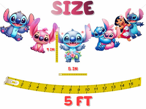 Birthday Party Garland Stitch – 5 Cutout Hanging Characters with Ribbon