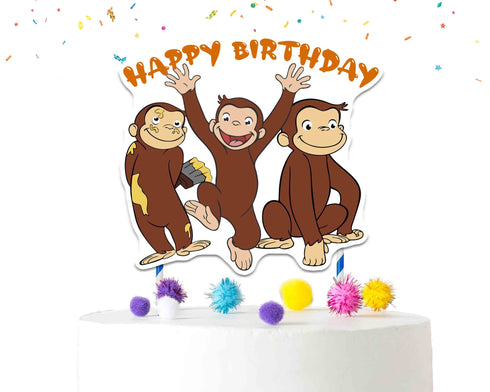 Cake Topper Curious Monkey – Happy Birthday Cake Decoration, Monkey Theme Party Topper