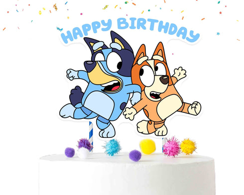 Cake Topper Blue Dog – Happy Birthday Decoration with Characters – Blue Dog and Bingo Party Cake Pick for Kids