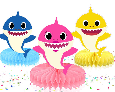 Honeycomb Centerpieces Kids Shark – Table Decorations Set – 5 Cute Kids Shark Cardstock Figures