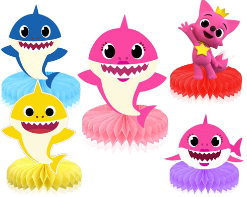 Honeycomb Centerpieces Kids Shark – Table Decorations Set – 5 Cute Kids Shark Cardstock Figures