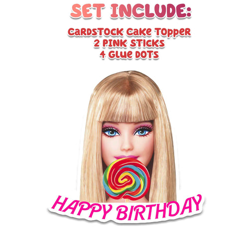 Lollipop Cake Topper Barbe - Happy Birthday Topper, Pink Girl Party Decoration