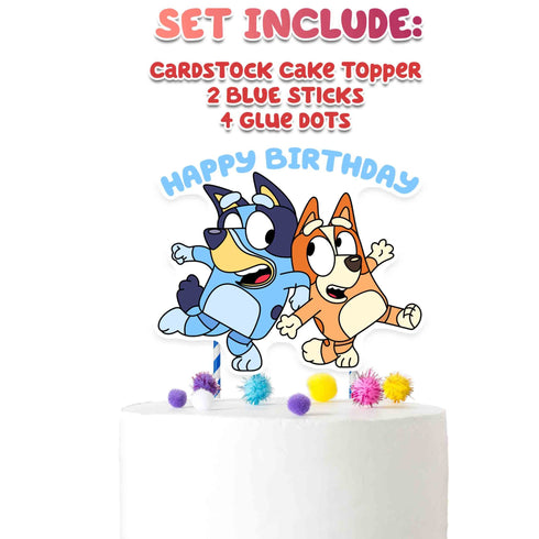 Cake Topper Blue Dog – Happy Birthday Decoration with Characters – Blue Dog and Bingo Party Cake Pick for Kids