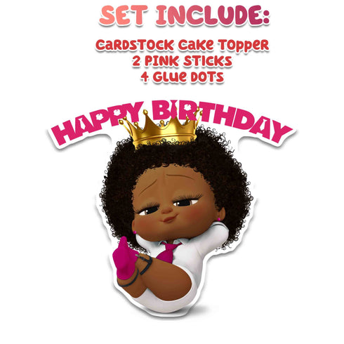 Girl Afro Cake Topper Boss – Pink Happy Birthday Topper, Girl Party Decoration