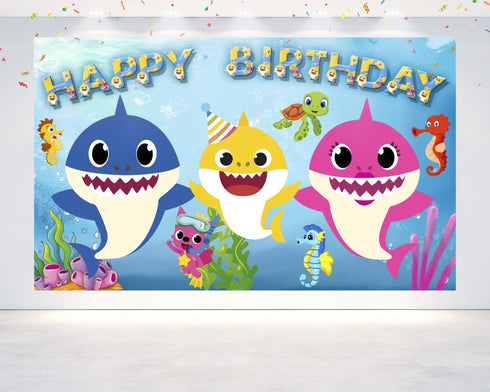 Cartoon Birthday Backdrop Shark - 5x3 FT and 7x5 FT Party Decoration