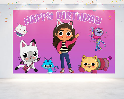 Birthday Banner Gabby Backdrop Pink - 5x3 FT and 7x5 FT Happy Birthday Party Background