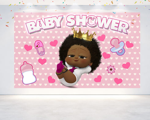 Afro Girl Cartoon Baby Shower Backdrop - 5x3 FT and 7x5 FT Pink Party Decoration