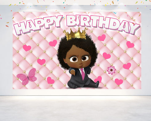 Afro Girl The Boss Cartoon Birthday Backdrop - 5x3 FT and 7x5 FT Pink Party Decoration