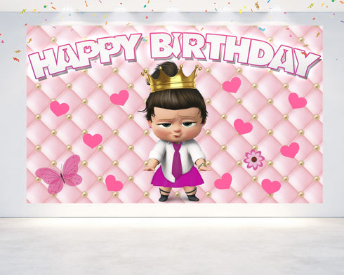 Girl Cartoon Birthday Backdrop The Boss - 5x3 FT and 7x5 FT Pink Party Decoration