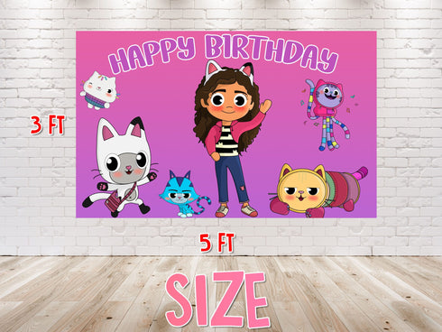 Birthday Banner Gabby Backdrop Pink - 5x3 FT and 7x5 FT Happy Birthday Party Background