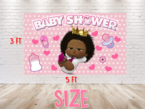 Afro Girl Cartoon Baby Shower Backdrop - 5x3 FT and 7x5 FT Pink Party Decoration