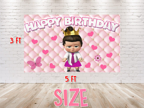 Girl Cartoon Birthday Backdrop The Boss - 5x3 FT and 7x5 FT Pink Party Decoration
