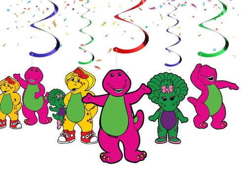 Hanging Swirl Decorations Pink Dino – 10 Ceiling Swirls with Dinosaur Cutouts
