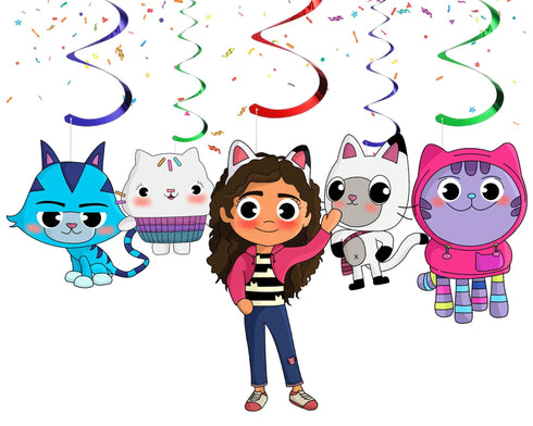 Swirl Decorations Gabby - Hanging Ceiling Streamers with Characters, Birthday Party Swirls for Girls