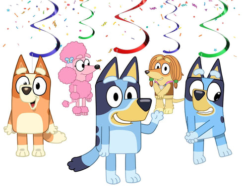 Ceiling Swirl Decorations Blue – 10 Foil Hanging Swirls with Blue Dog Characters