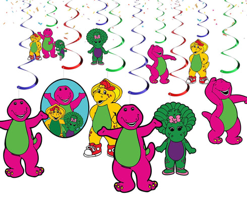 Hanging Swirl Decorations Pink Dino – 10 Ceiling Swirls with Dinosaur Cutouts