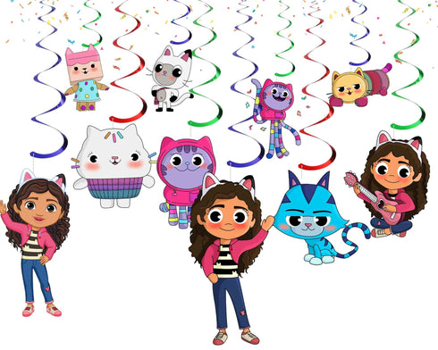 Swirl Decorations Gabby - Hanging Ceiling Streamers with Characters, Birthday Party Swirls for Girls