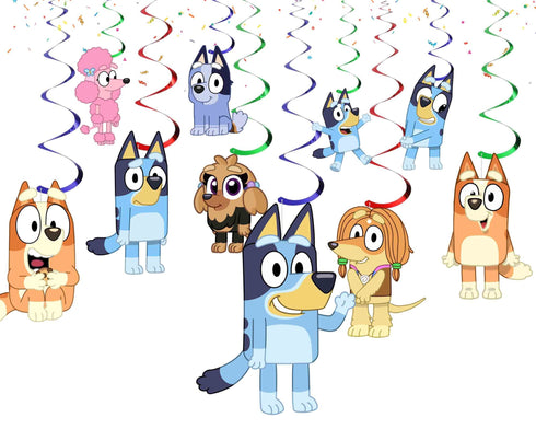 Ceiling Swirl Decorations Blue – 10 Foil Hanging Swirls with Blue Dog Characters