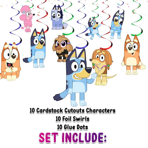 Ceiling Swirl Decorations Blue – 10 Foil Hanging Swirls with Blue Dog Characters