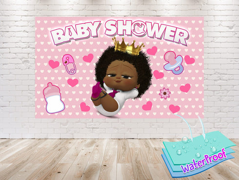 Afro Girl Cartoon Baby Shower Backdrop - 5x3 FT and 7x5 FT Pink Party Decoration