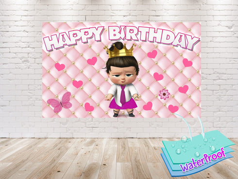 Girl Cartoon Birthday Backdrop The Boss - 5x3 FT and 7x5 FT Pink Party Decoration