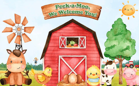 Peek-a-Moo! Farm Baby Shower and Birthday Backdrop 5x3 FT - Cute Farm Animals Party