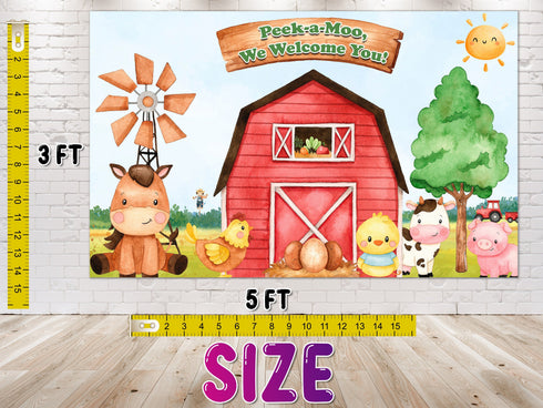 Peek-a-Moo! Farm Baby Shower and Birthday Backdrop 5x3 FT - Cute Farm Animals Party