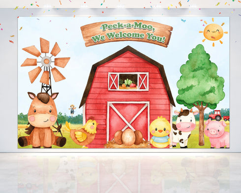 Peek-a-Moo! Farm Baby Shower and Birthday Backdrop 5x3 FT - Cute Farm Animals Party