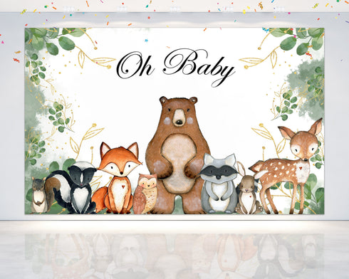 Oh Baby! Woodland Baby Shower Backdrop 5x3 FT - Forest Animal Party Decor