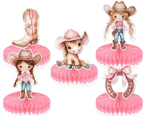 5 Pcs Charming Pink Cowgirl Table Honeycombs - Perfect for Rustic Baby Showers & Western Birthday Parties