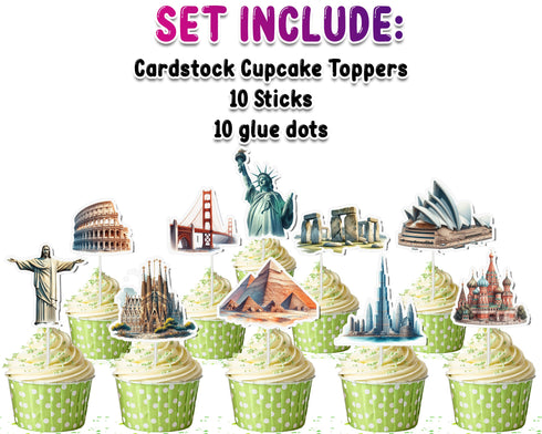 Landmarks Cupcake Toppers - Set of 10 | World Monuments Party Decorations | Travel-Themed Toppers (Copy)