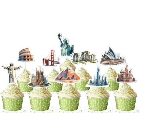 Landmarks Cupcake Toppers - Set of 10 | World Monuments Party Decorations | Travel-Themed Toppers (Copy)