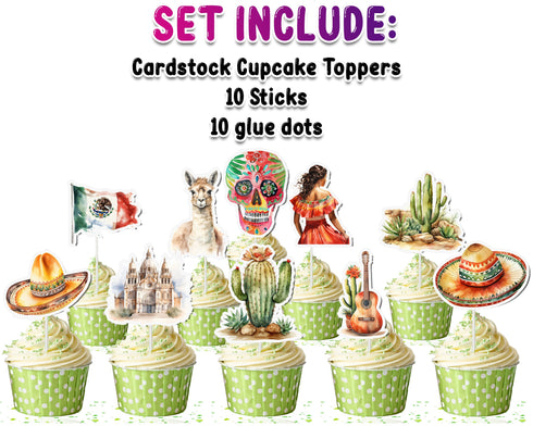 Mexico-Themed Cupcake Toppers - Set of 10 | Fiesta Party Decorations | Mexican Culture Toppers