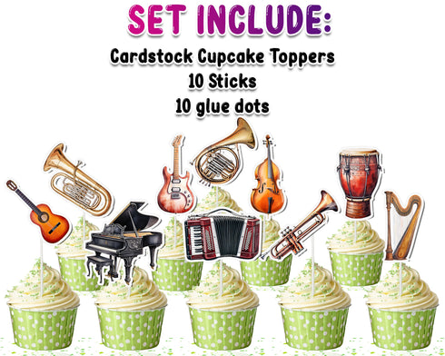 Music-Themed Cupcake Toppers - Set of 10 | Musical Instrument Party Decorations | Music Lovers Toppers